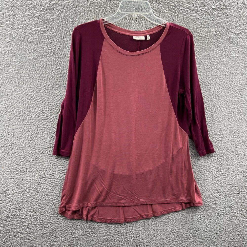 Logo Lori Goldstein Women Tunic Top Medium Maroon Rose Color Block Shirt Stretch